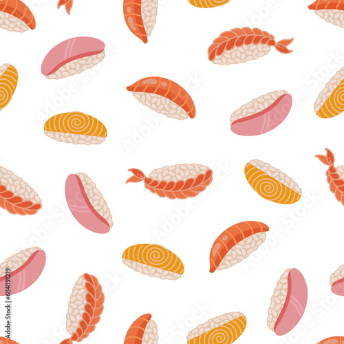 Nigiri seamless vector pattern. Fresh Japanese sushi with rice  salmon  tuna  shrimp  tamago omelette. Traditional Asian fish rolls  raw seafood appetizer. Flat cartoon background for menu  print  web