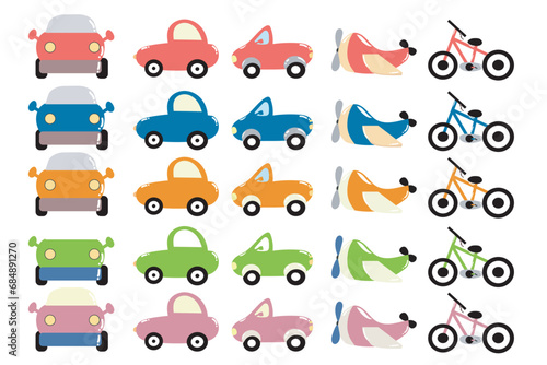 set of land transportation cartoon isolated on white background. bicycle, car, motorcyle, helicopter, airplane photo