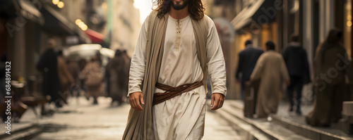 Jesus Christ walking in the city street - front view photo