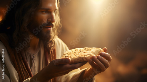 Jesus Christ giving out slice of bread with a blurred background 