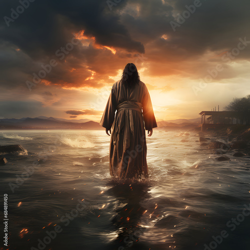 Jesus Christ walking on water, Jesus walk on water sea of galilee toward fishing boat and disciples