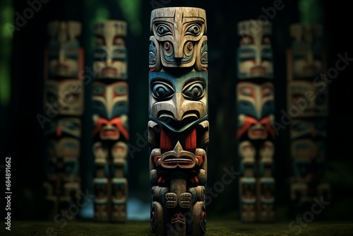 Native American totem pole, each carved figure representing ancestral spirits, animals, and cultural symbols.