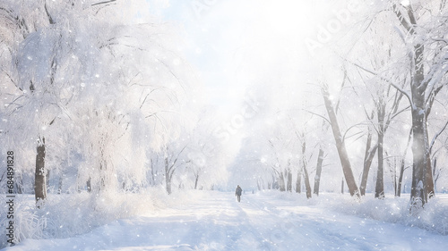 winter alley of trees, snowfall in the morning misty park, winter landscape, seasonal abstract blurred background copy space