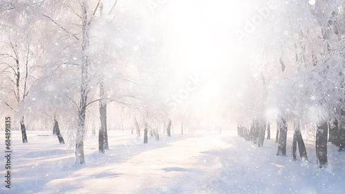 winter alley of trees, snowfall in the morning misty park, winter landscape, seasonal abstract blurred background copy space © kichigin19