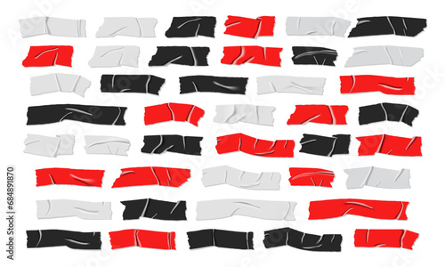 Collection of Black Red White Electrical Tape Vector. Blank Shiny Glossy Ripped Rubber Adhesive. Set of Digital Ribbons.