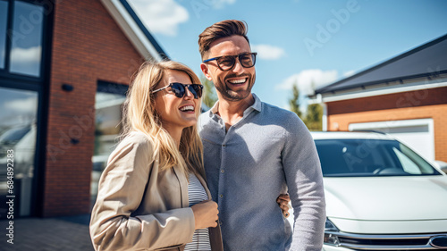 Happy couple laughing together in front of the new car and the new house background. New house mortgage business investment and home sweet home after married lifestyle concept.