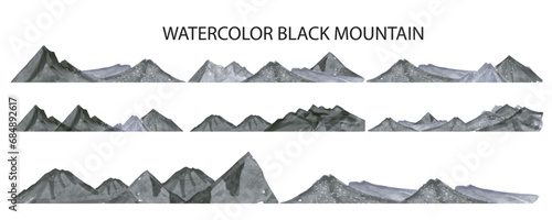 set of watercolor black mountain  hills isolated on white background