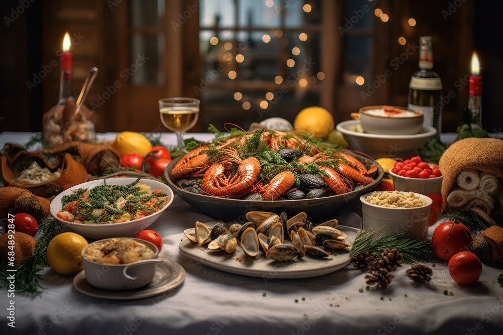 Festive seafood feast on table with wine and holiday decor. Gourmet dining and celebration.