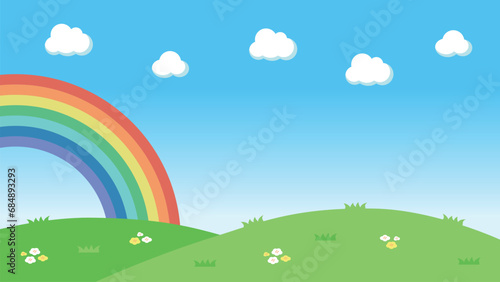 草原の丘と青空に虹がある風景の壁紙背景0 photo