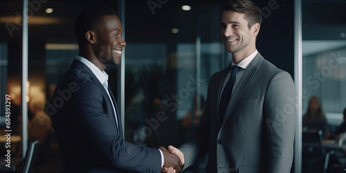 African American business person shaking hands with businessman in meeting office