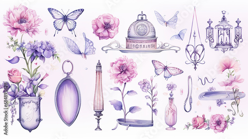 set collection of purple delicate accessories of a fairy princess watercolor drawing isolated on a white background soft lavender color