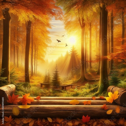 Sunny morning in the autumn forest