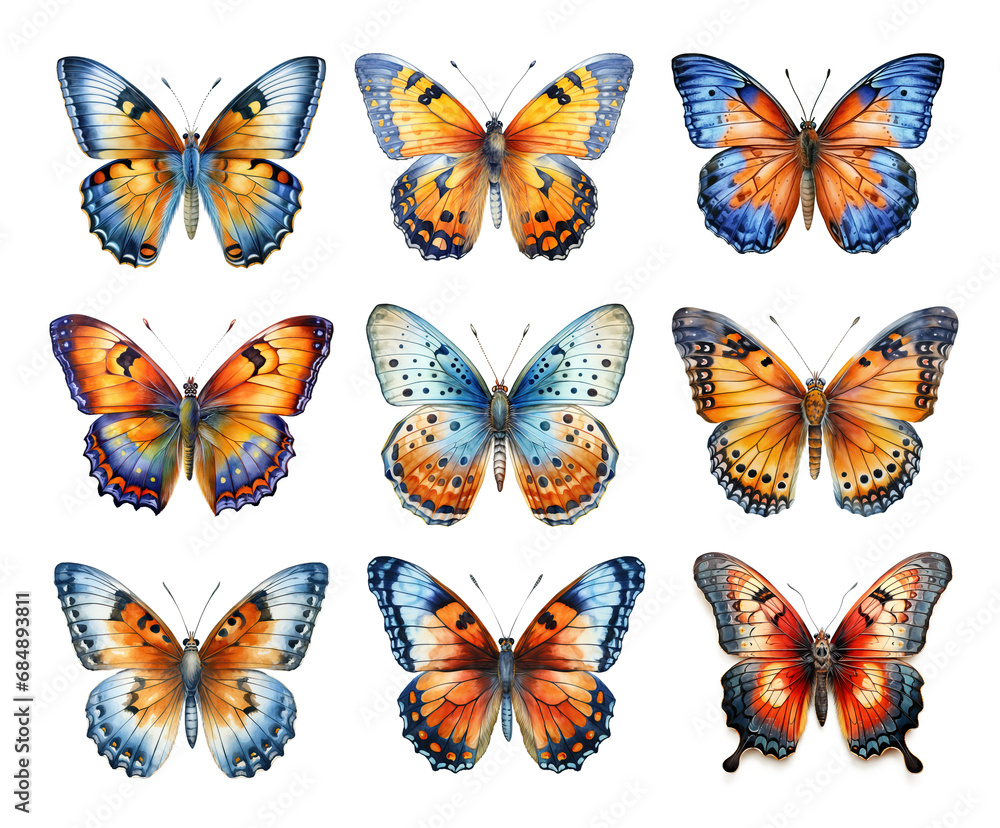 Collection of watercolor butterflies isolated on transparent background Collection of watercolor butterflies isolated on transparent background