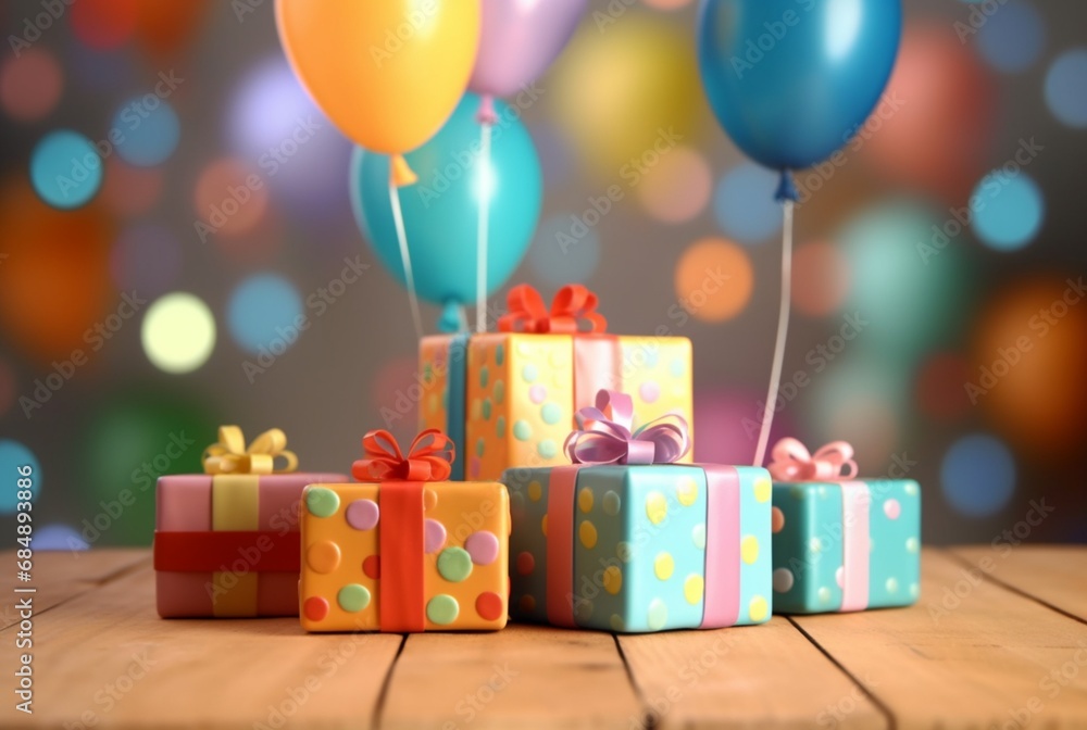 gift boxes on wooden table with blurred background of balloons in the air. generative ai gift boxes on wooden table with blurred background of balloons in the air. generative ai