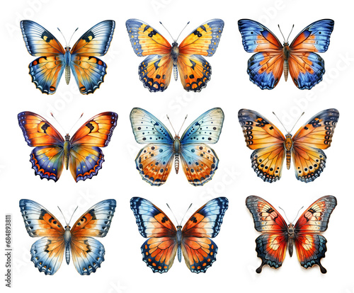 Collection of watercolor butterflies isolated on transparent background