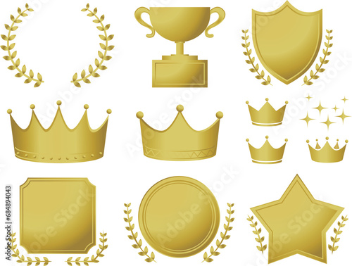 金色の月桂樹と王冠、エンブレムのベクターイラストセット