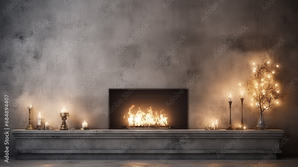 christmas fireplace decoration with lights glowing on a gray background wall