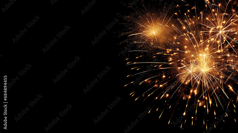 Fototapeta premium Golden fireworks isolated layer on black background, night festive view abstract