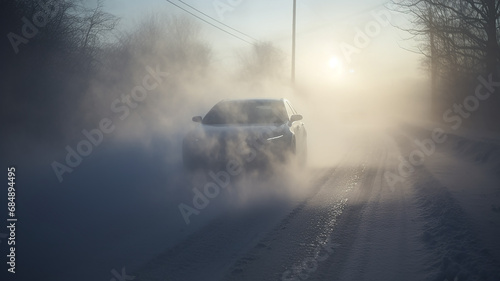 fog on a dangerous winter slippery road, a car with headlights in a risky climate cold and ice photo