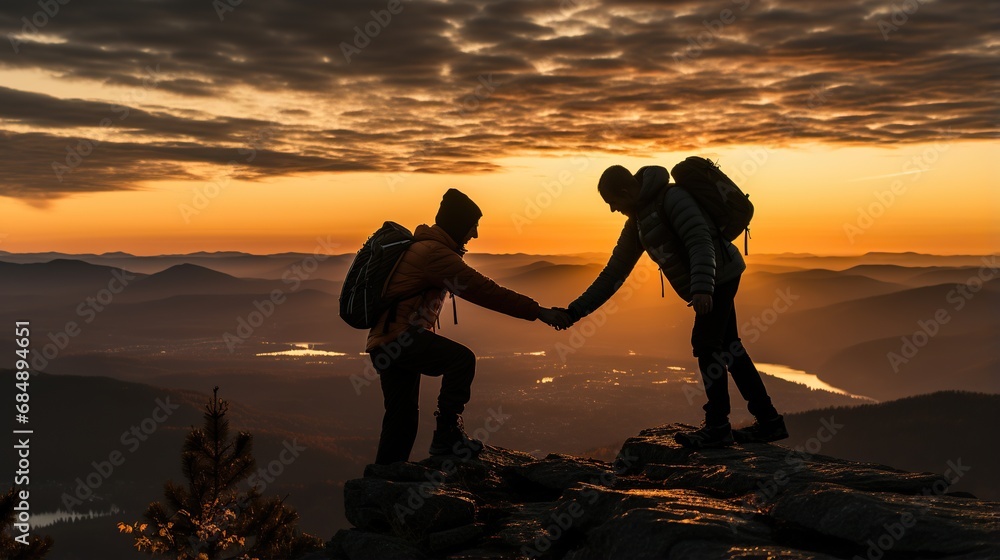 Silhouette of two hikers at sunset 
