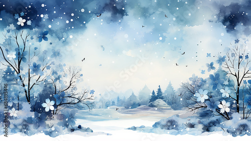 winter postcard blank form watercolor drawing, landscape in blue tones, covered with snow, snowfall in light blue tones abstract blurred background