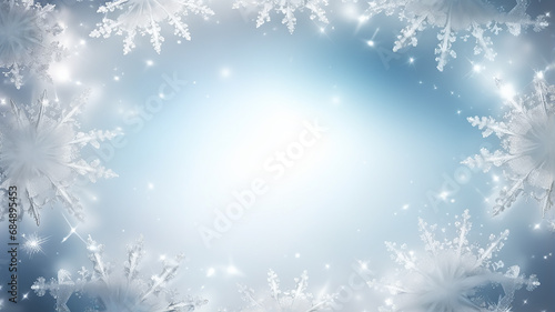 light blue winter background with blurred white snowflakes, watercolor Christmas greeting form, an empty copy space in the cold colors of winter