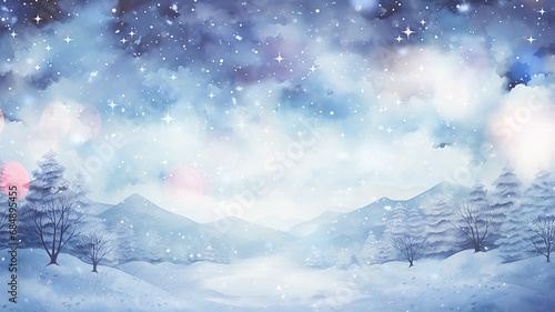 winter postcard blank form watercolor drawing, landscape in blue tones, covered with snow, snowfall in light blue tones abstract blurred background