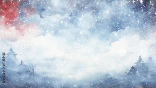 winter postcard blank form watercolor drawing, landscape in blue tones, covered with snow, snowfall in light blue tones abstract blurred background