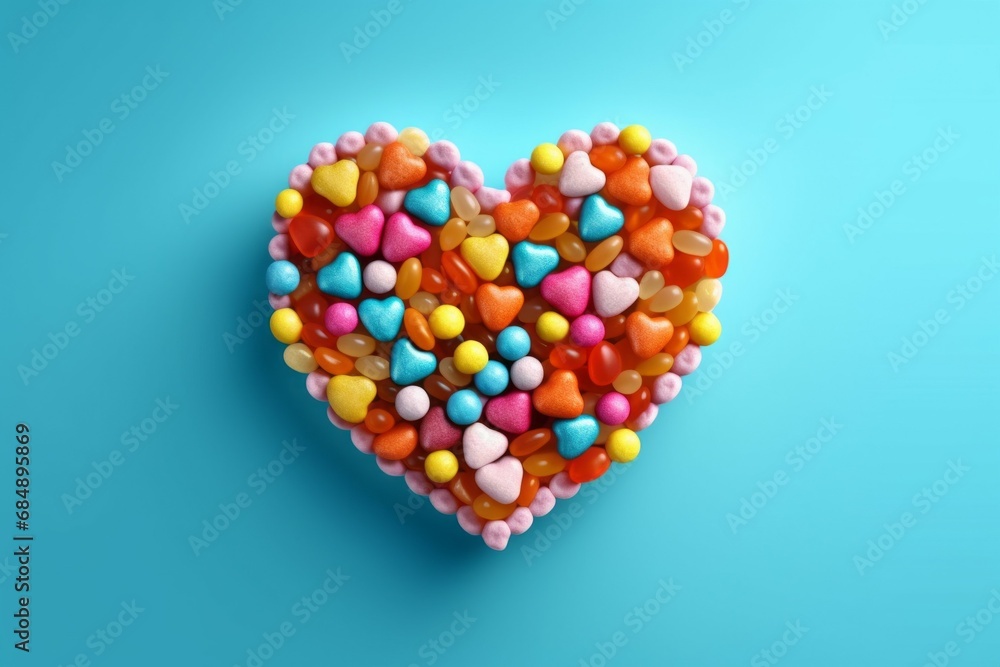 Multi-colored small candies with a heart-shaped layout. Background with selective focus and copy space Multi-colored small candies with a heart-shaped layout. Background with selective focus and copy space