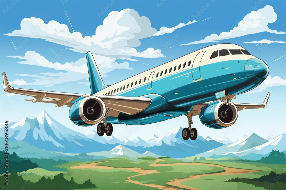 Airplane in the sky in drawing style. Background with selective focus and copy space