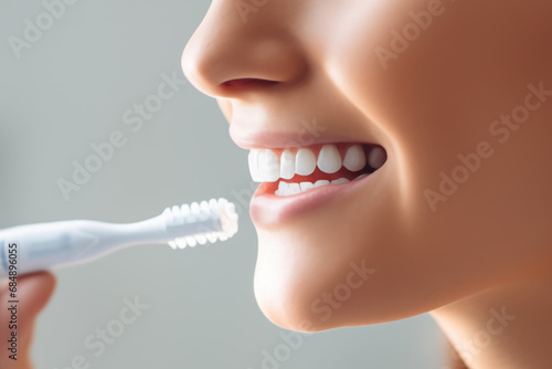 White teeth of a smiling woman brushing her teeth. Brushing your teeth every day keeps them healthy, and whitening them makes them more palatable. Health, beauty and dentistry concept. photo