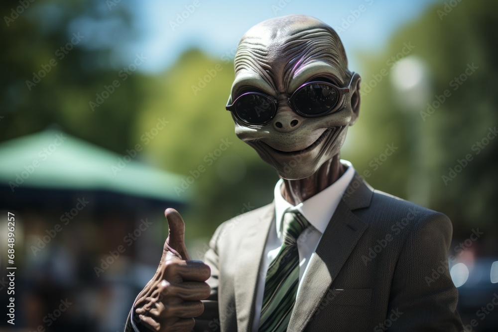 Alien shows thumbs up gesture. Portrait with selective focus and copy space Alien shows thumbs up gesture. Portrait with selective focus and copy space