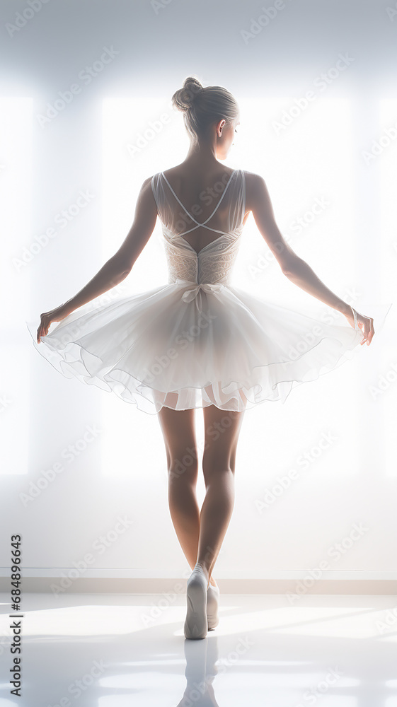 Naklejka premium vertical background ballerina in light white scenery, pure creativity dance performance ballet