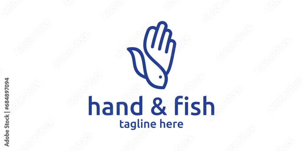 logo design combination of hand shape with fish. minimalist line logo. logo design combination of hand shape with fish. minimalist line logo.