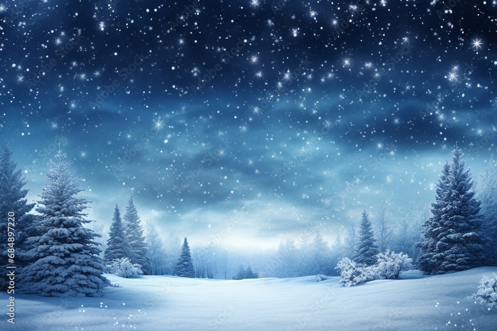 Beautiful snowy winter background landscape with forest, snowfall, snowdrift, festive holiday illustration