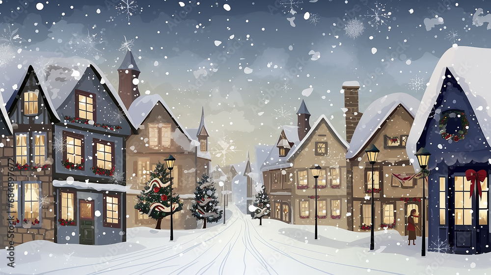 Christmas. new year card illustration winter landscape small houses in the snow, postcard winter view abstract small town or village Christmas. new year card illustration winter landscape small houses in the snow, postcard winter view abstract small town or village