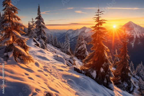 Beautiful snowy winter background landscape with mountains, forest, snowfall, snowdrift, sunrise, sunset, festive holiday illustration © Minithalie