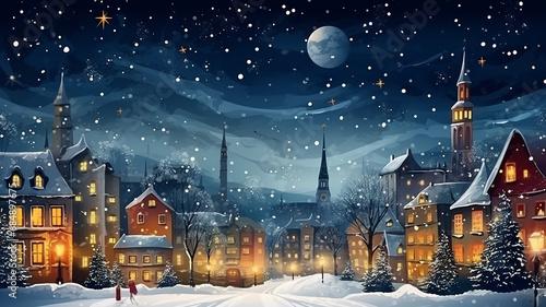 Christmas. new year card illustration winter landscape small houses in the snow, postcard winter view abstract small town or village
