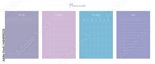 (Purple) 4 set of daily weekly monthly note planner. Minimalist planner template set. Vector illustration.