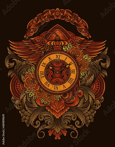 Illustration Vector antique clock with vintage engraving ornament frame