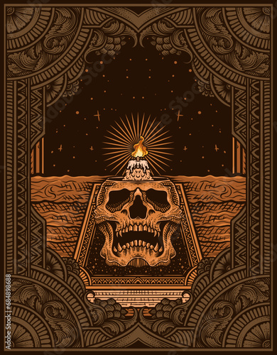 Illustration hand drawn. Skull candle with antique magic book - Antique engraving ornament