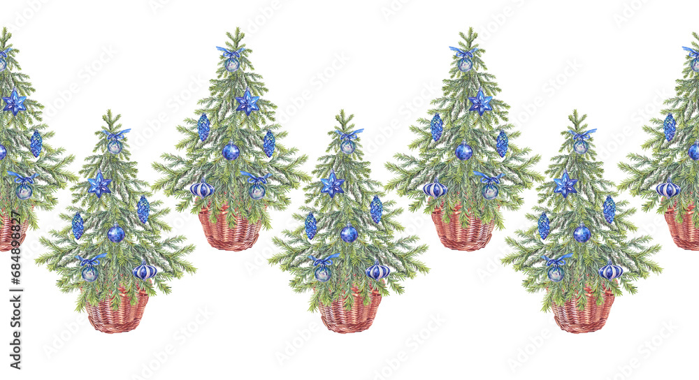 Seamless rim with watercolor green christmas tree and blue balls on white background. Forest evergreen fir or pine for frame. Hand-drawn border for new year celebration or wrapping or wallpaper