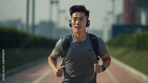 A young Chinese man was wearing sportswear and was jogging