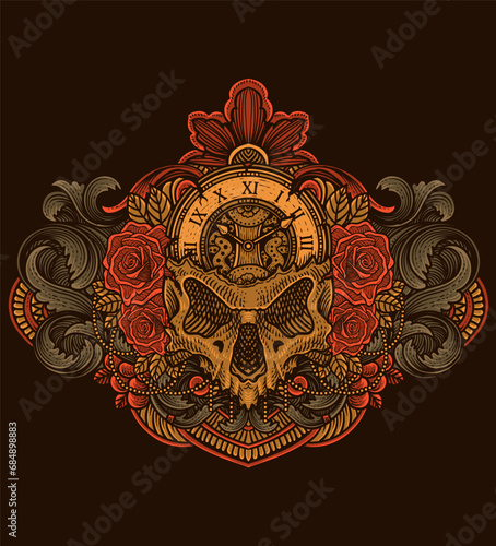 Illustration hand drawn. Skull clock head with rose flower - Antique engraving ornament