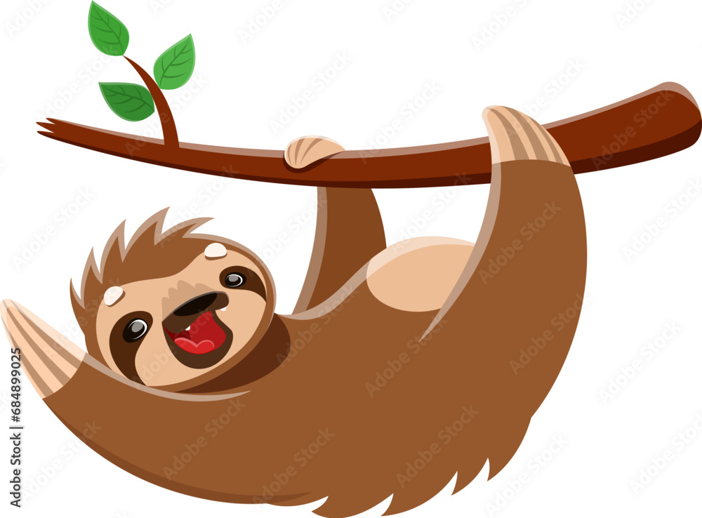 Fototapeta premium Cartoon sloth character, cheerful tropical animal with a big grin, lazy yet lovable, contently hanging from tree branch, radiating positivity and charm. Isolated vector personage for kids book or game
