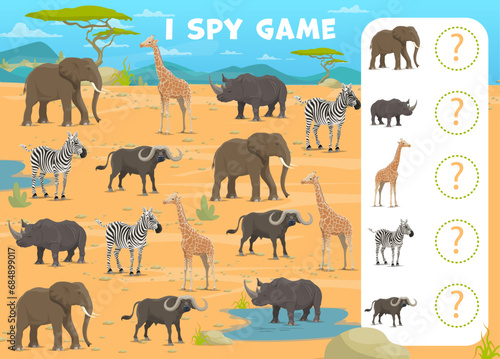 I spy game worksheet with African savannah safari animals, vector kids quiz. African safari cartoon animals, zebra with elephant, rhinoceros and buffalo, puzzle quiz to find and match similar picture