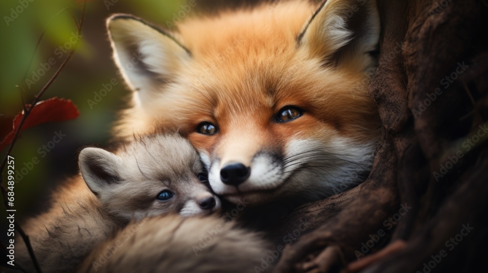 Fototapeta premium red foxes hugs,give each other love