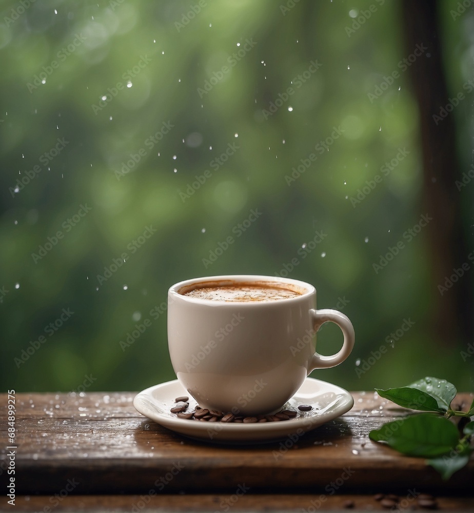 cup of coffee on wooden table in rainy weather cup of coffee on wooden table in rainy weather