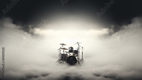 drum kit in stage smoke on a white background, generated invented background music, sound cloud photo