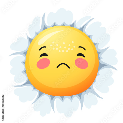 Camomile smile daisy flower character. Cartoon forlorn chamomile with drooping petals, wearing a frowning face, reflecting a poignant and melancholic mood. Emotive and charming floral vector personage